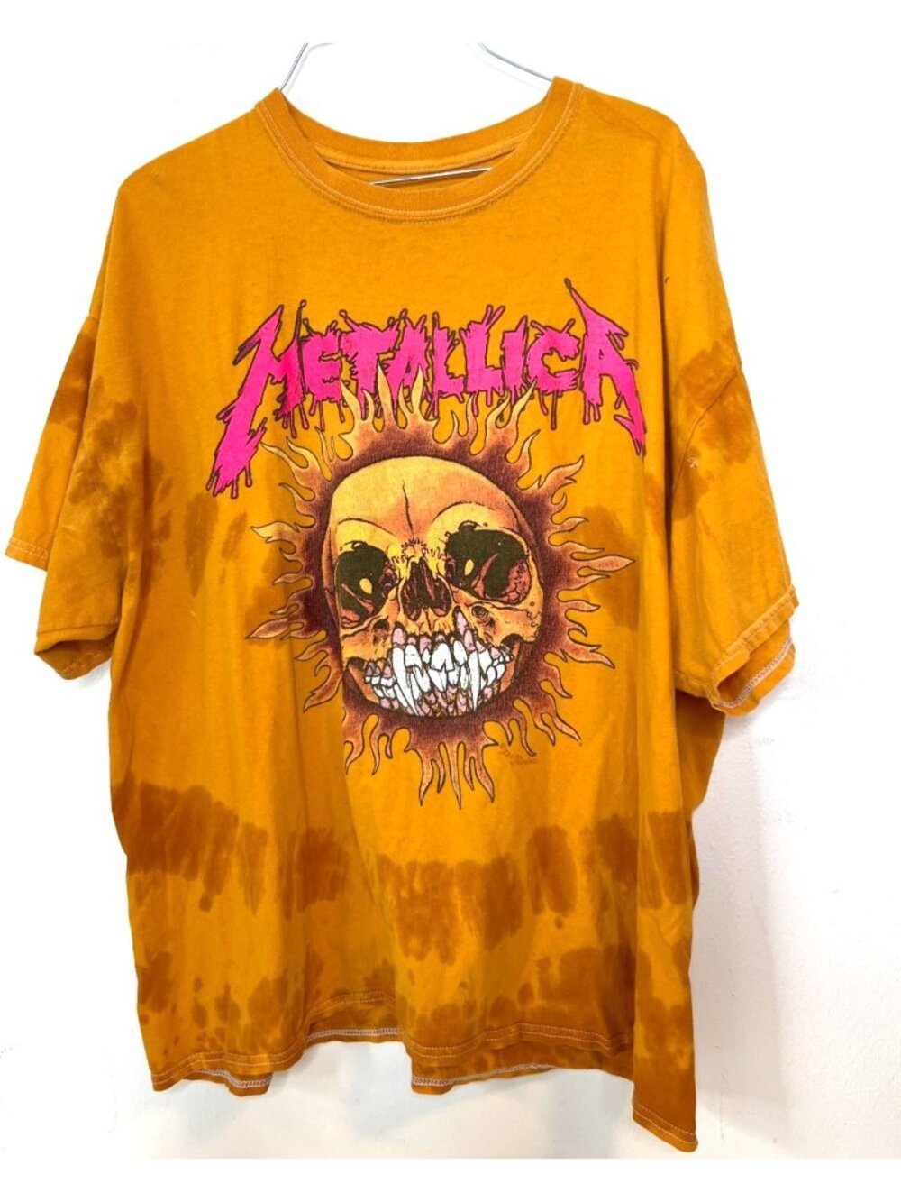 Metallica Orange Tie Dye T-Shirt Hot Pink Spellout Burning Sun Skull XL Metal
